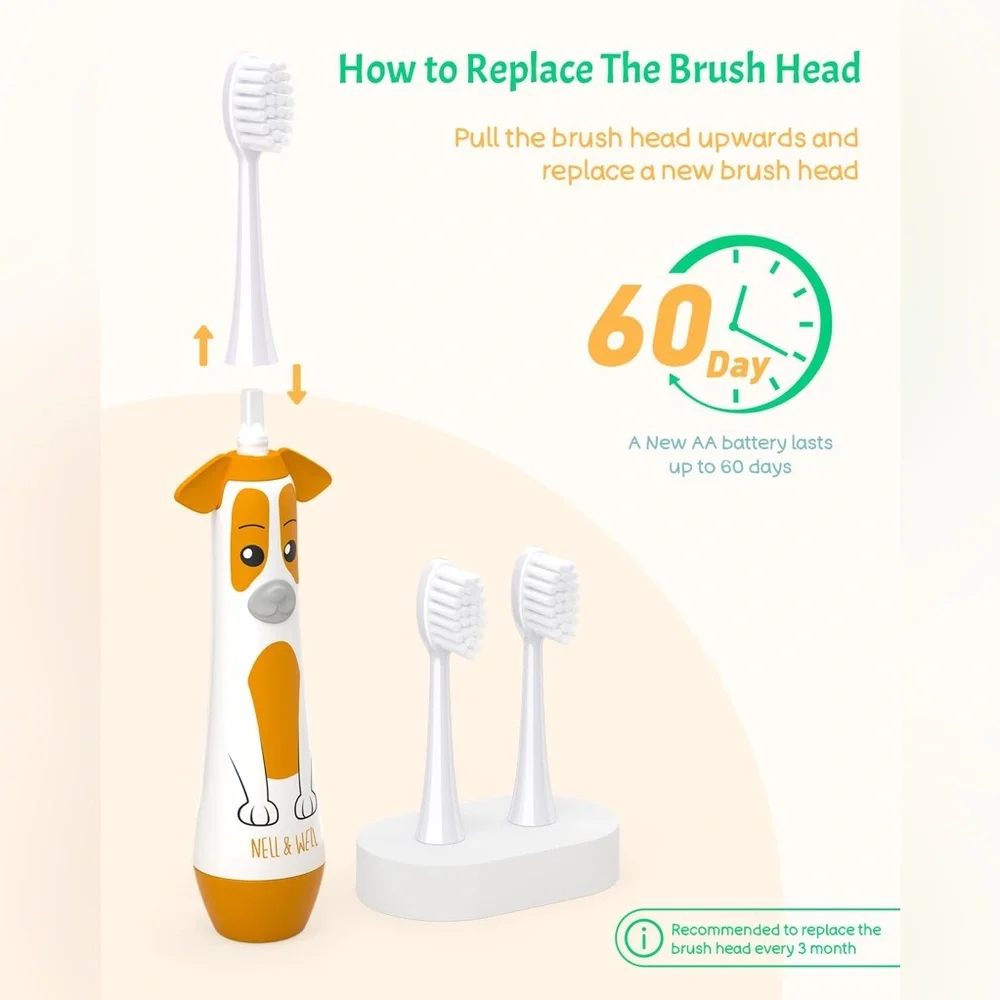 Kids Electric Toothbrush with 2mins Brushing Timer, Battery Powered, 3 Heads